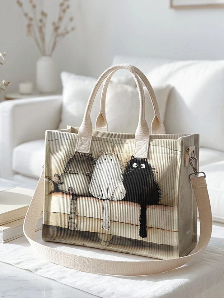 Chats sur Beige | Sac cabas en velours côtelé