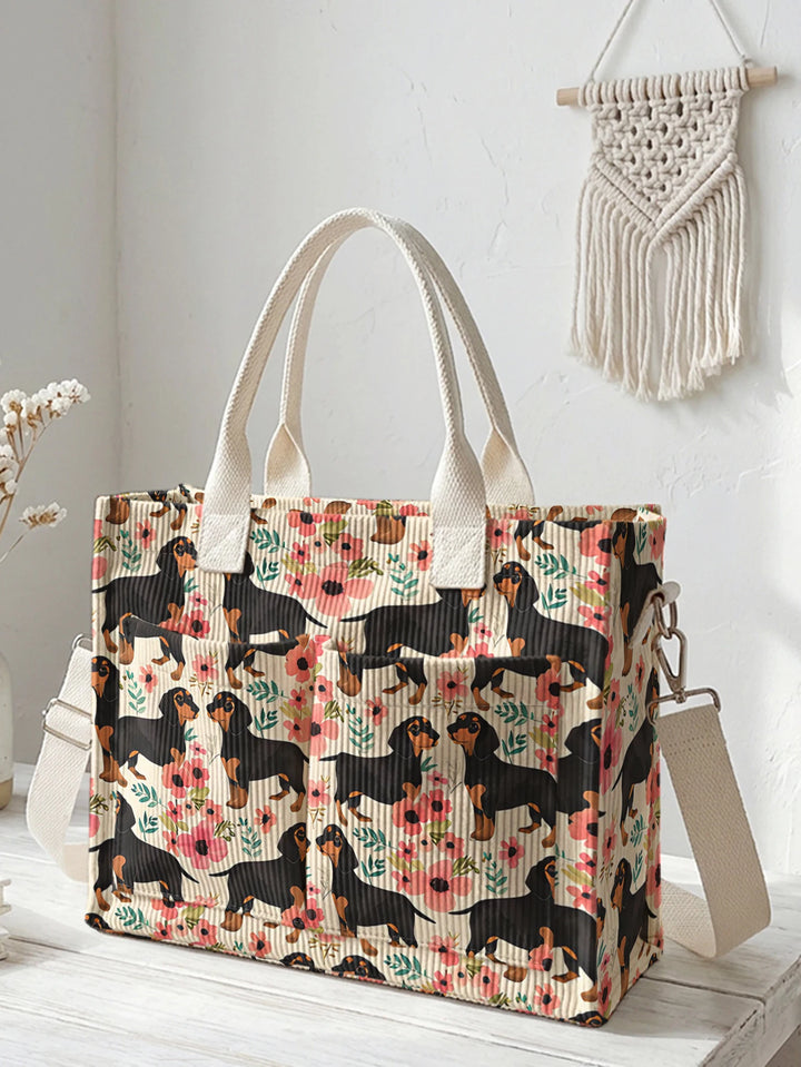 Dolly le Teckel Fleuri | Sac cabas en velours côtelé