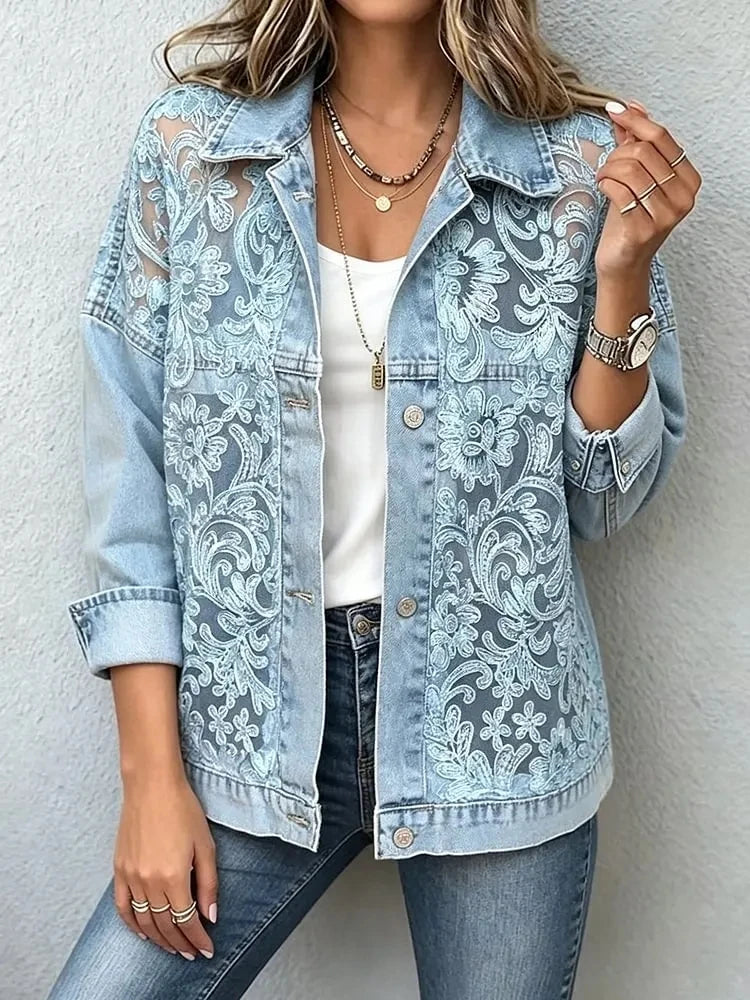 Brianne | Blouse en denim avec corps en dentelle et col inversé