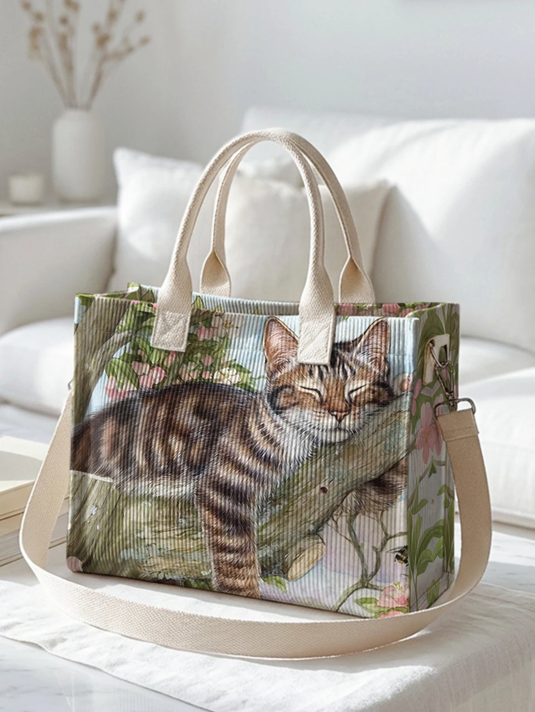 Chat Tigré Fleuri | Sac cabas en velours côtelé