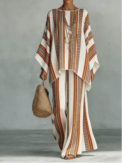 Boho tweedelige set zomer dames losse patchwork wijde pijpen broek set mode O-hals trui top 2-delige set outfit streetwear