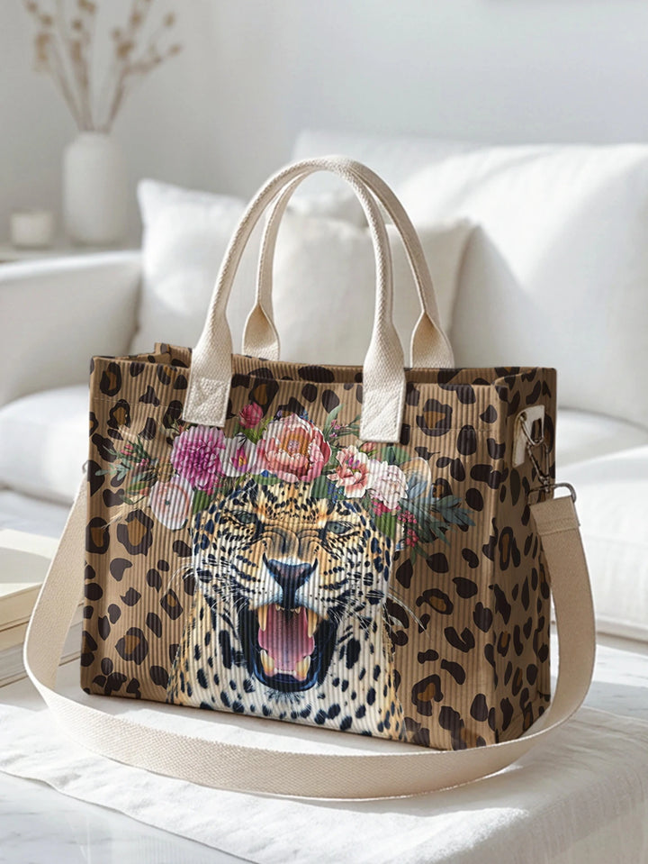 Léopard Fleuri | Sac cabas en velours côtelé