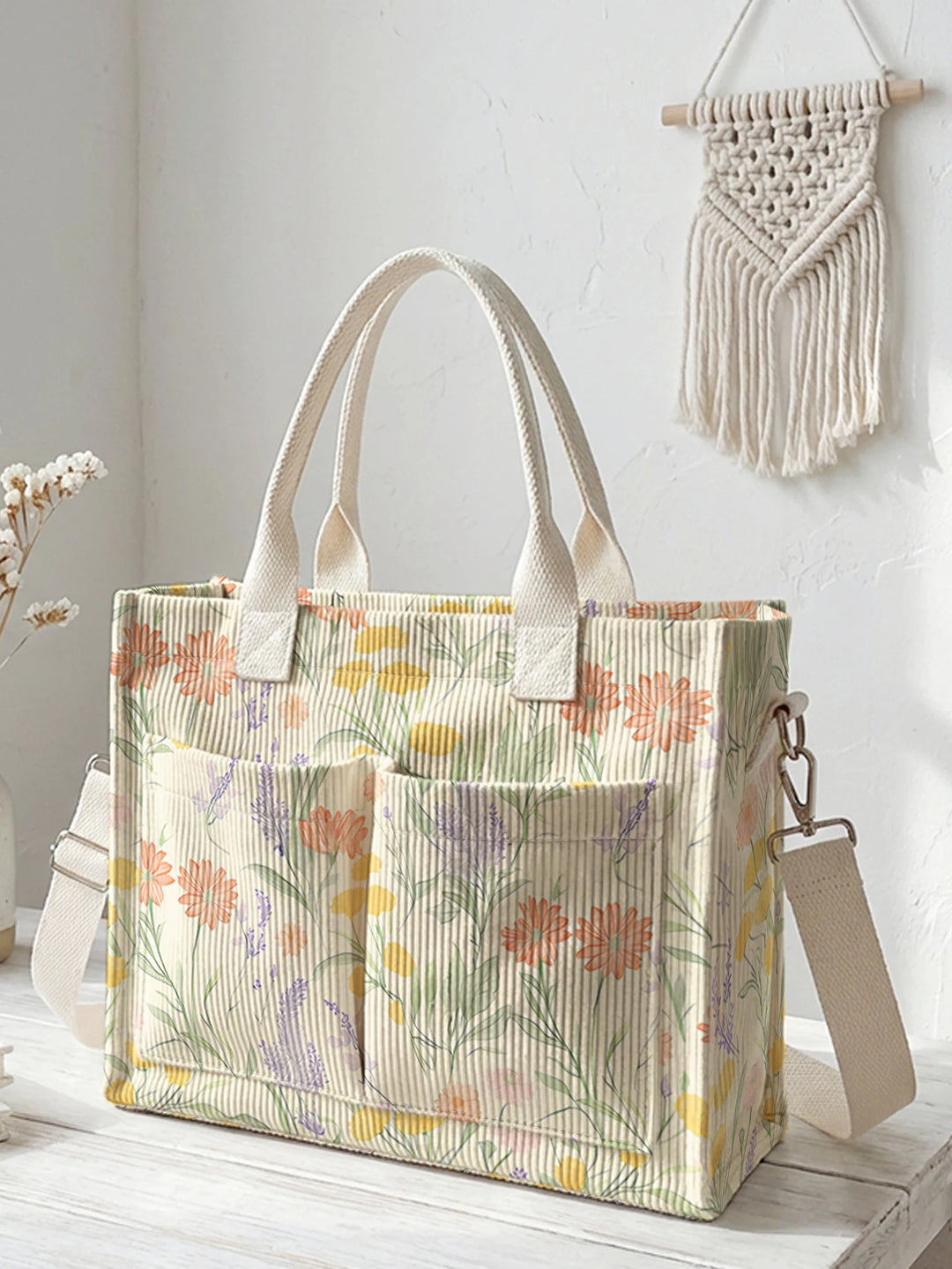 Lavande & Marguerites | Sac cabas en velours côtelé