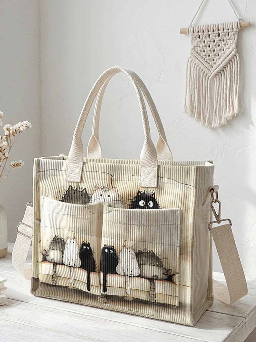 Chats sur Beige | Sac cabas en velours côtelé