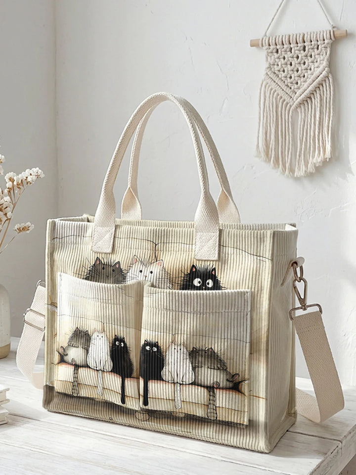 Chats sur Beige | Sac cabas en velours côtelé