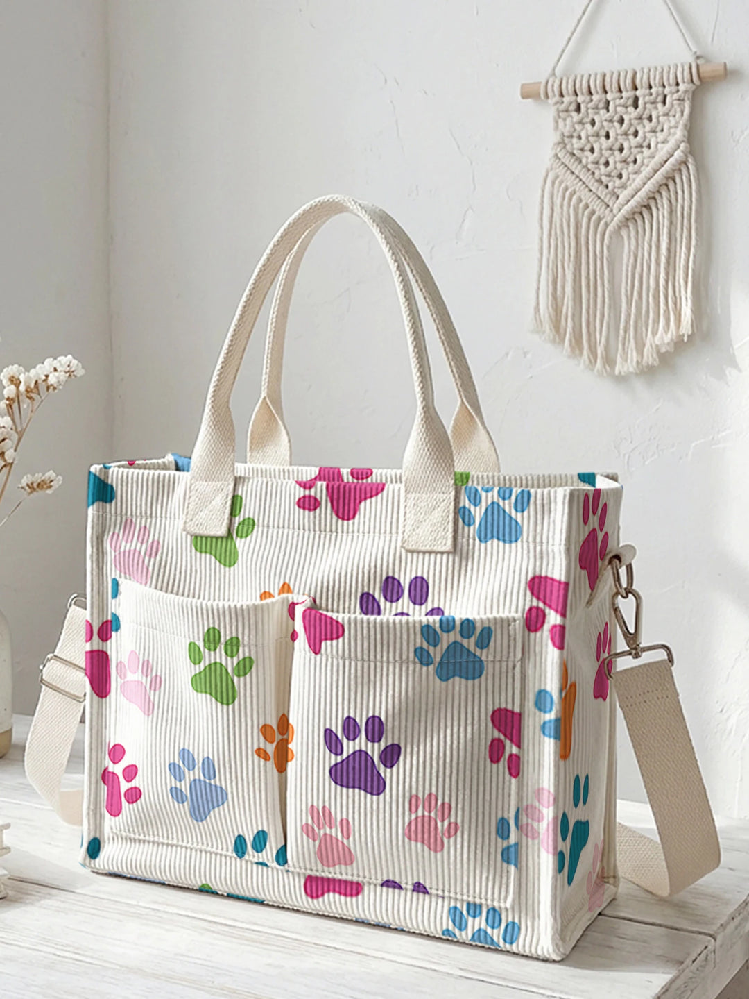 Sac cabas en velours côtelé Pattes Colorées, présentation du modèle