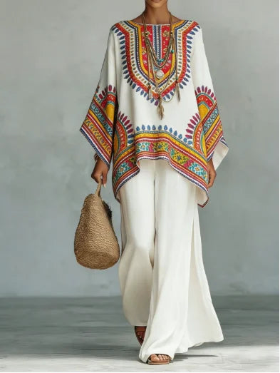 Anaïs | Ensemble blanc à motifs ethniques colorés