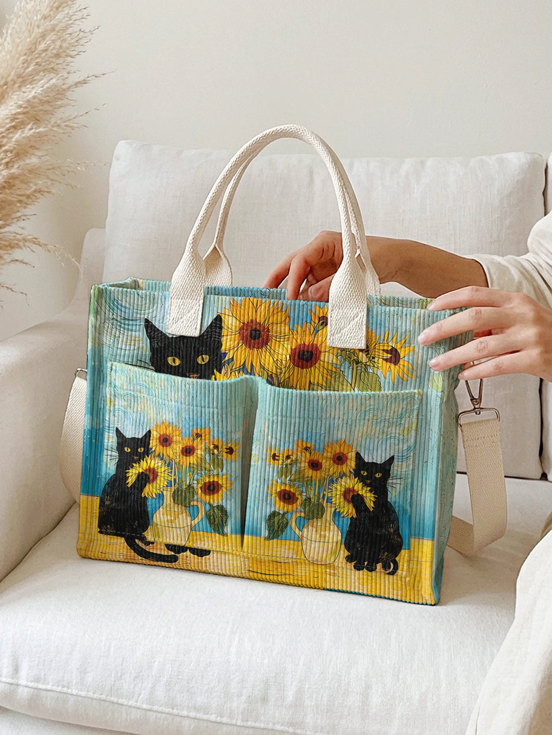 Chat Noir & Tournesols | Sac cabas en velours côtelé