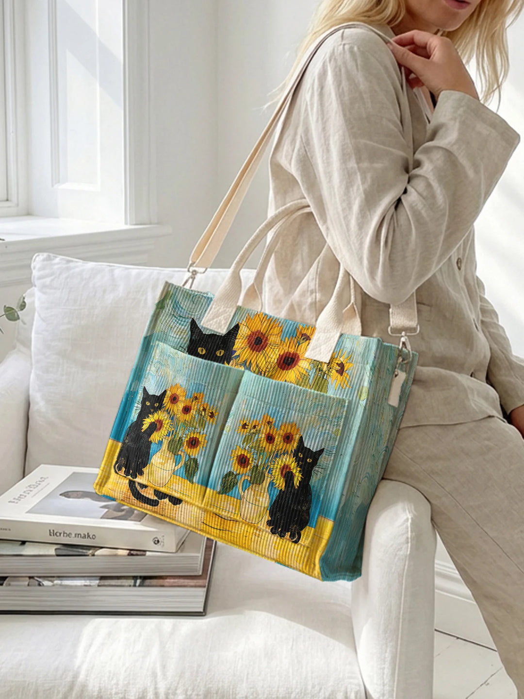 Chat Noir & Tournesols | Sac cabas en velours côtelé