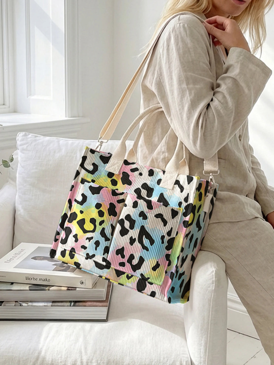 Léopard Pastel | Sac cabas en velours côtelé