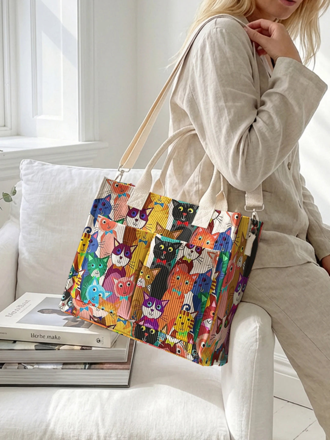 Chats Multicolores | Sac cabas en velours côtelé