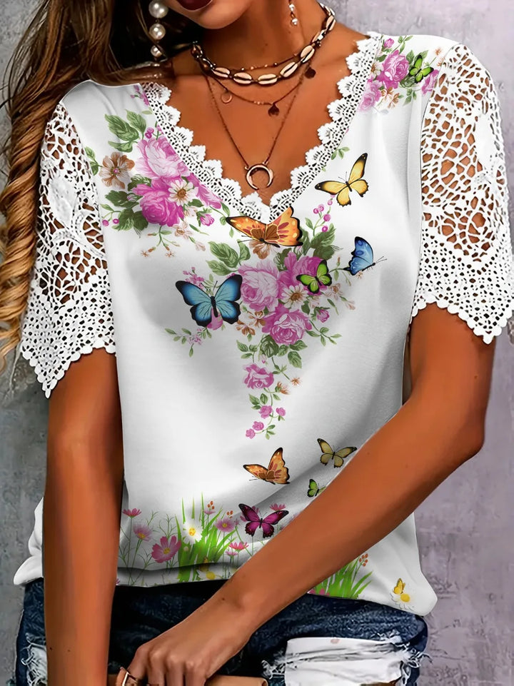 Elize | Blouse Chique en Fleurs avec Col V et Dentelle