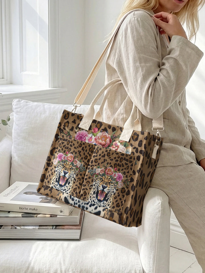 Léopard Fleuri | Sac cabas en velours côtelé