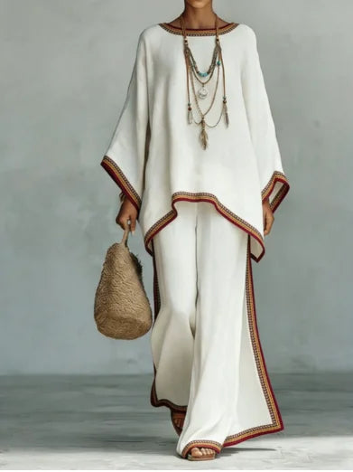 Boho tweedelige set zomer dames losse patchwork wijde pijpen broek set mode O-hals trui top 2-delige set outfit streetwear