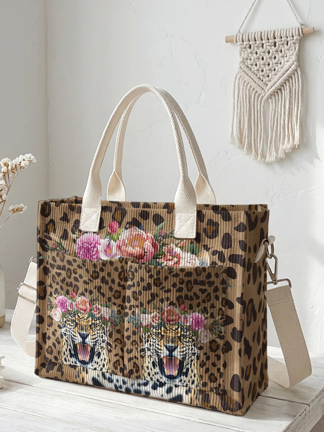 Léopard Fleuri | Sac cabas en velours côtelé