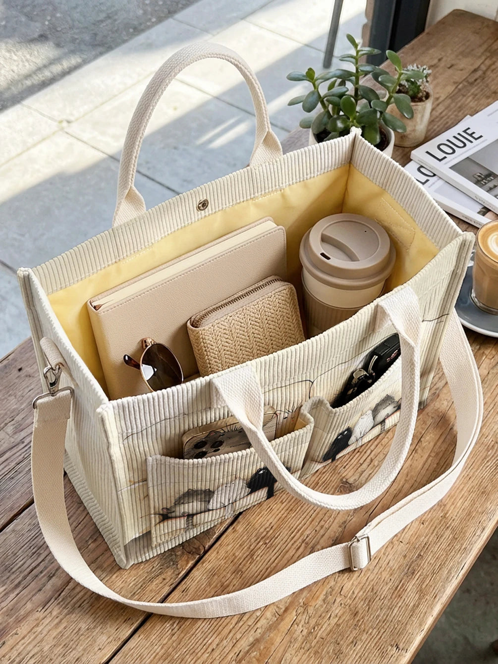 Chats sur Beige | Sac cabas en velours côtelé