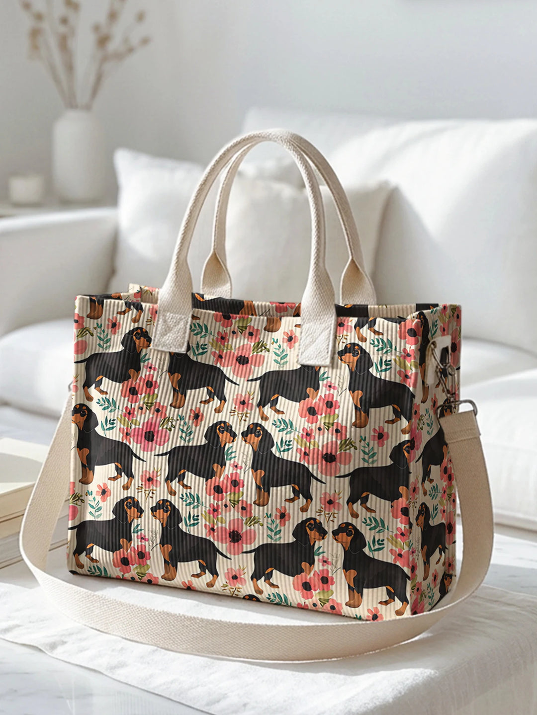 Dolly le Teckel Fleuri | Sac cabas en velours côtelé