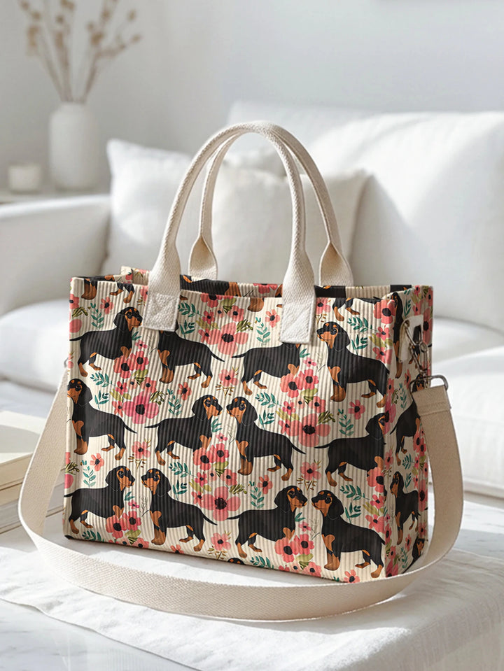 Dolly le Teckel Fleuri | Sac cabas en velours côtelé