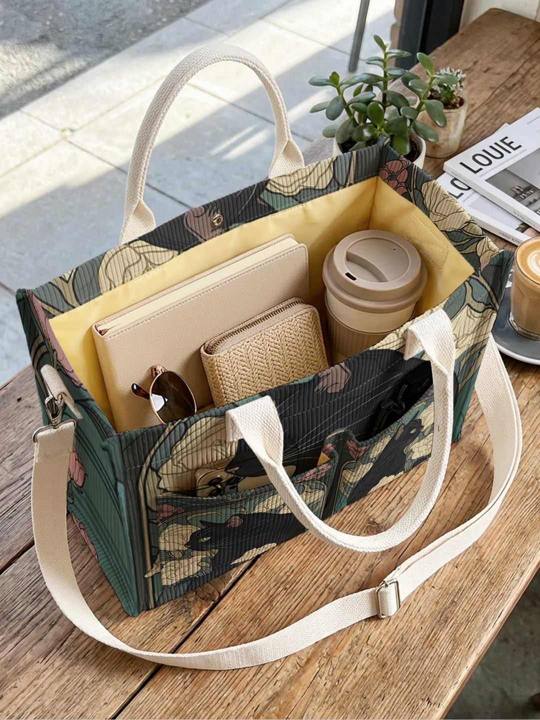 Chat Noir Fleuri | Sac cabas en velours côtelé