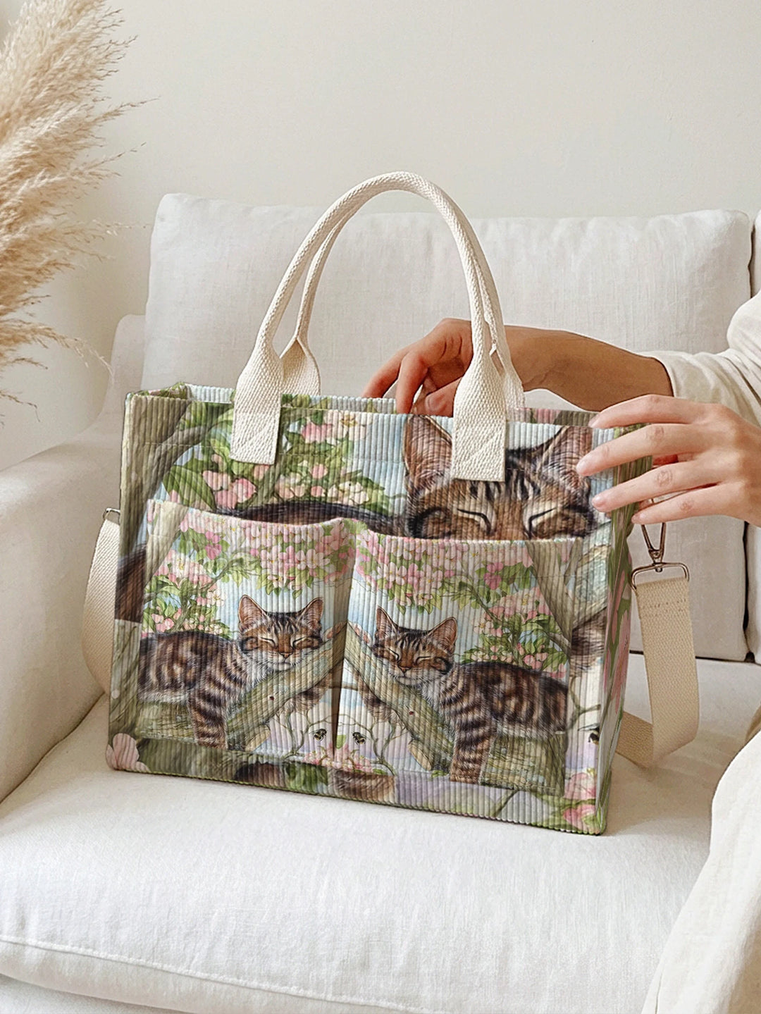 Chat Tigré Fleuri | Sac cabas en velours côtelé