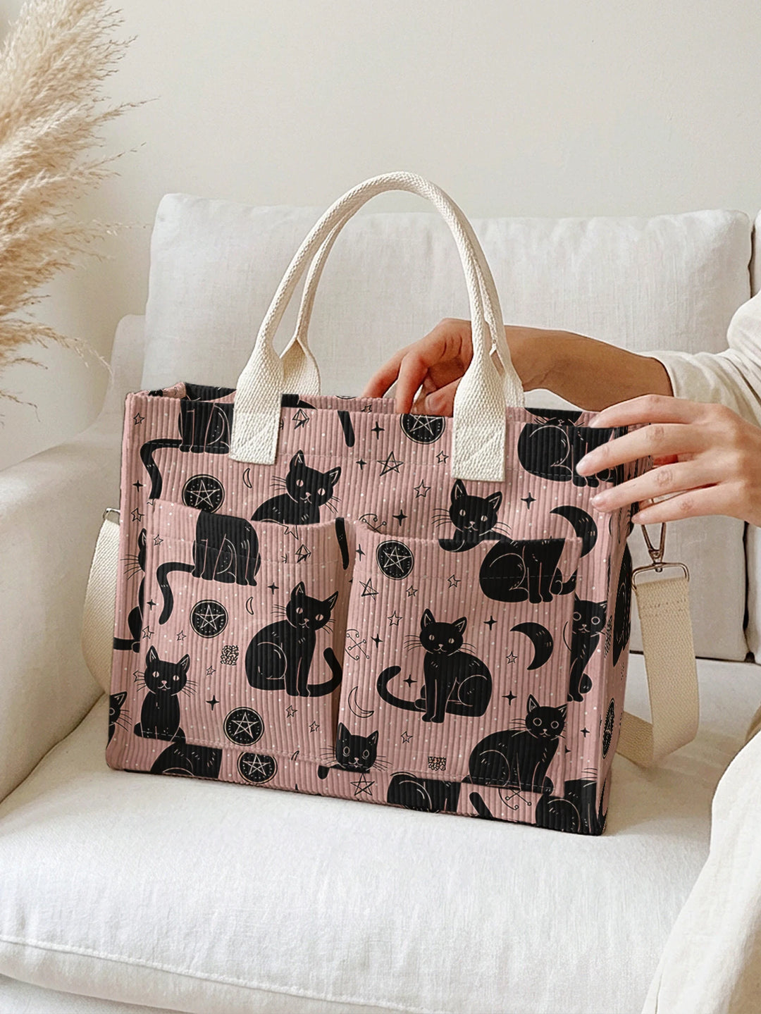 Chats Roses & Étoiles | Sac cabas en velours côtelé