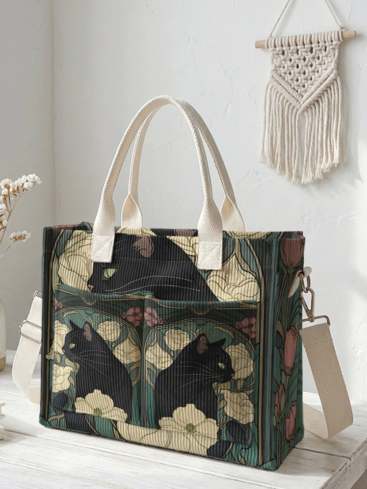 Chat Noir Fleuri | Sac cabas en velours côtelé