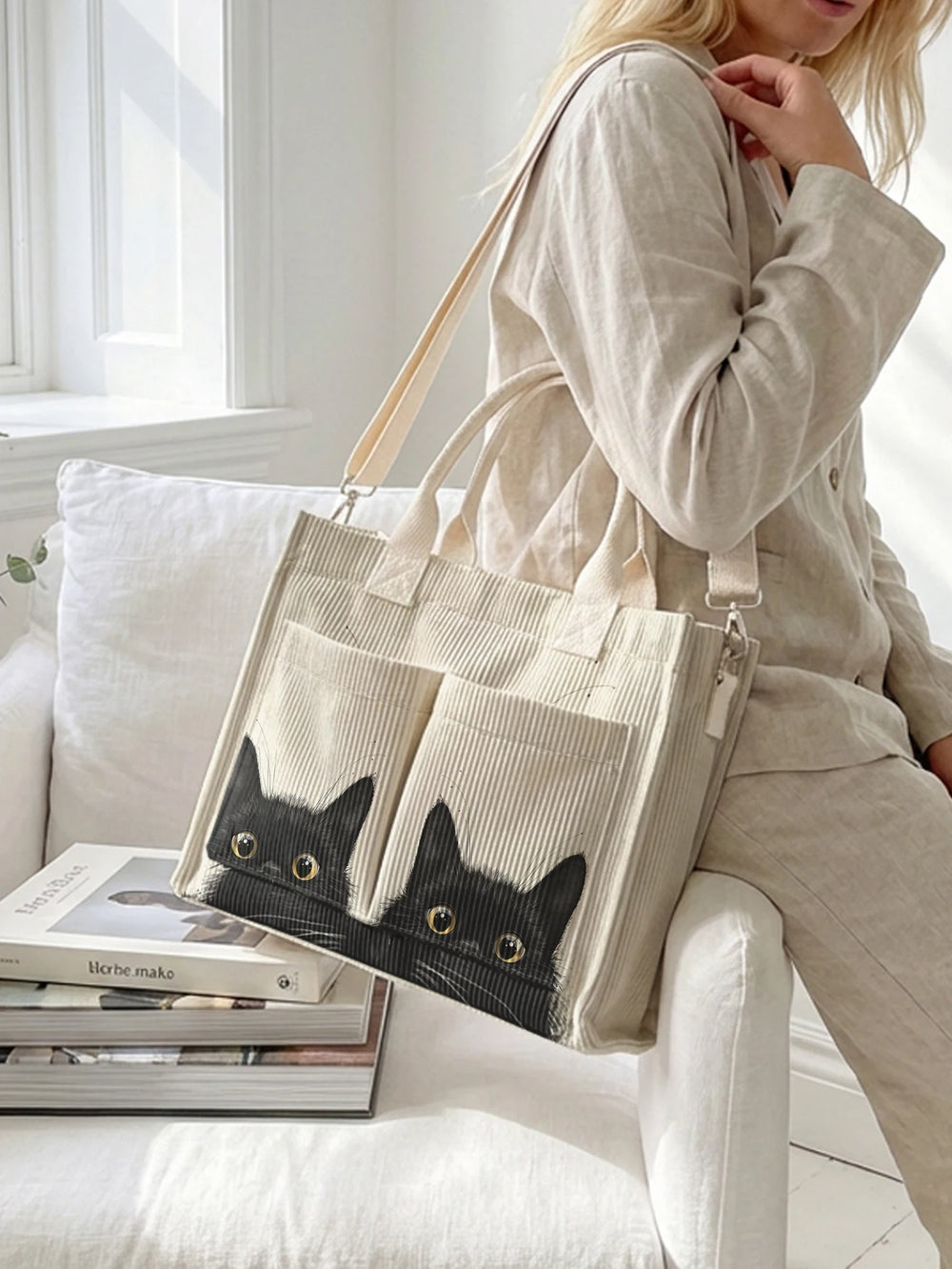 Sac cabas en velours côtelé Chats Espiègles, présentation du modèle
