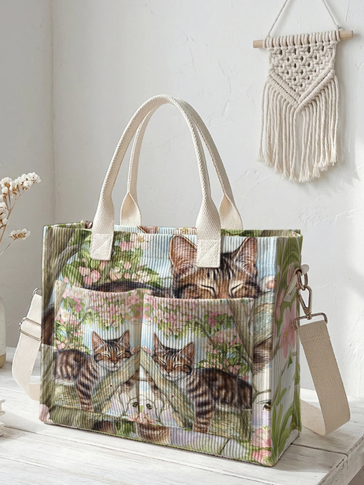 Chat Tigré Fleuri | Sac cabas en velours côtelé
