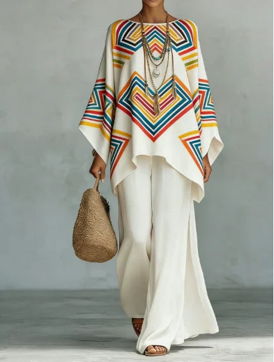 Boho tweedelige set zomer dames losse patchwork wijde pijpen broek set mode O-hals trui top 2-delige set outfit streetwear