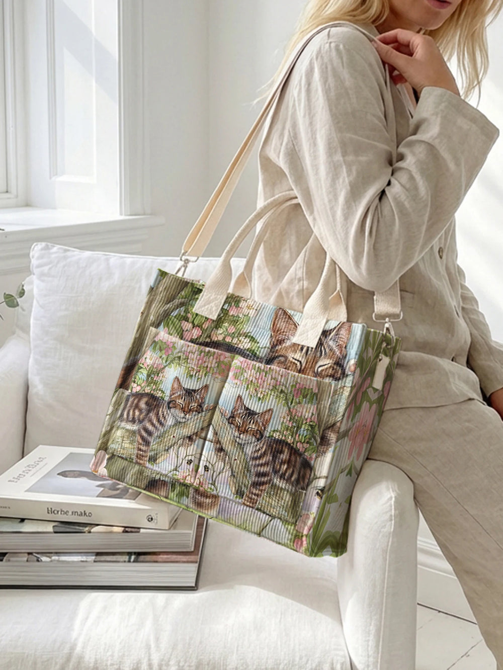 Sac cabas en velours côtelé Chat Tigré Fleuri, présentation du modèle