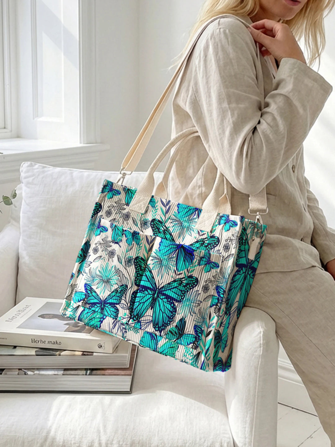 Papillons en Fleurs | Sac cabas en velours côtelé