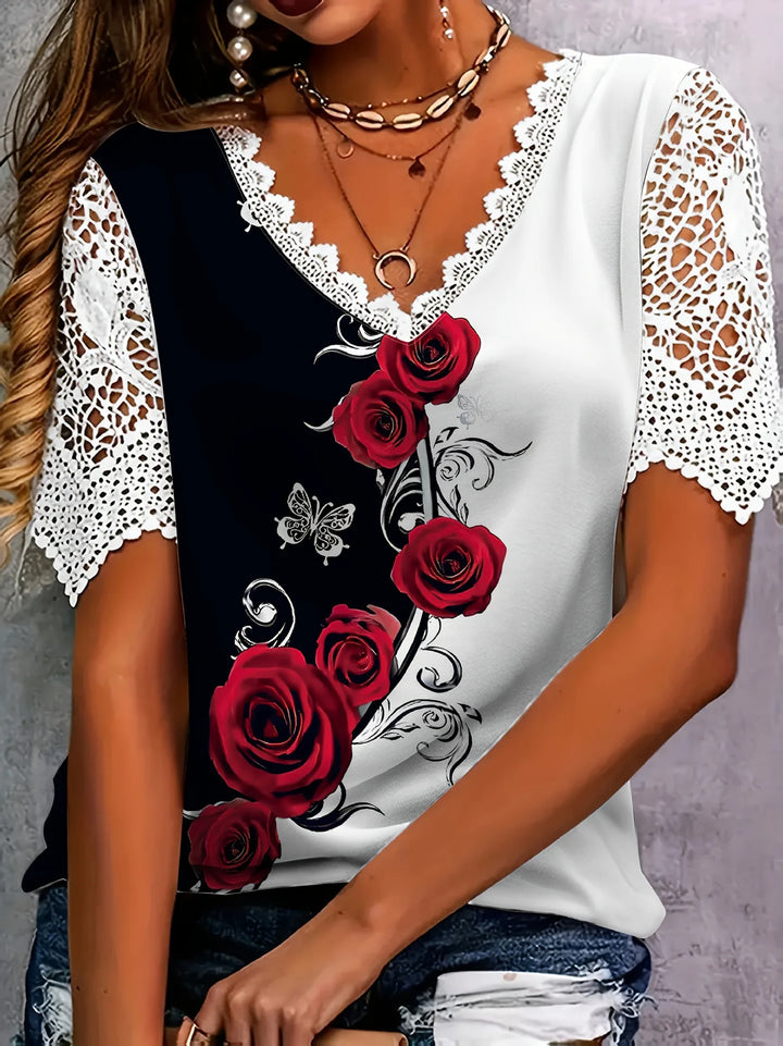 Elize | Blouse Chique en Fleurs avec Col V et Dentelle