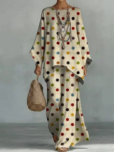 Monique | Ensemble écru à pois multicolores