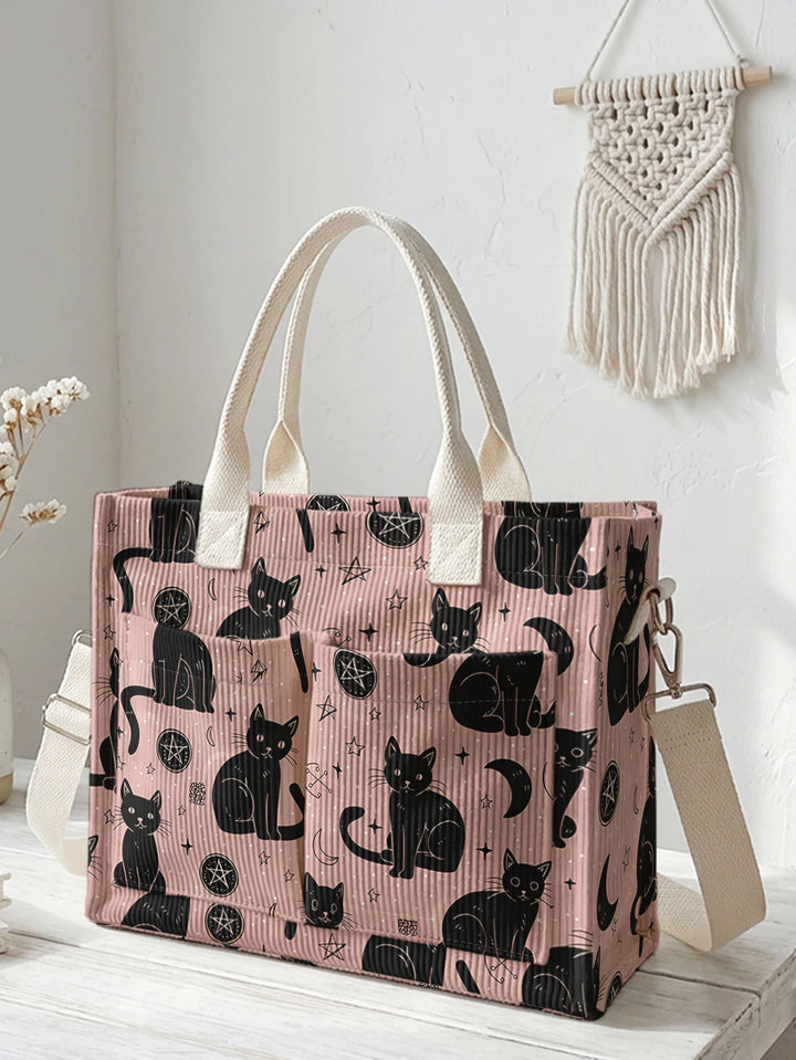 Chats Roses & Étoiles | Sac cabas en velours côtelé