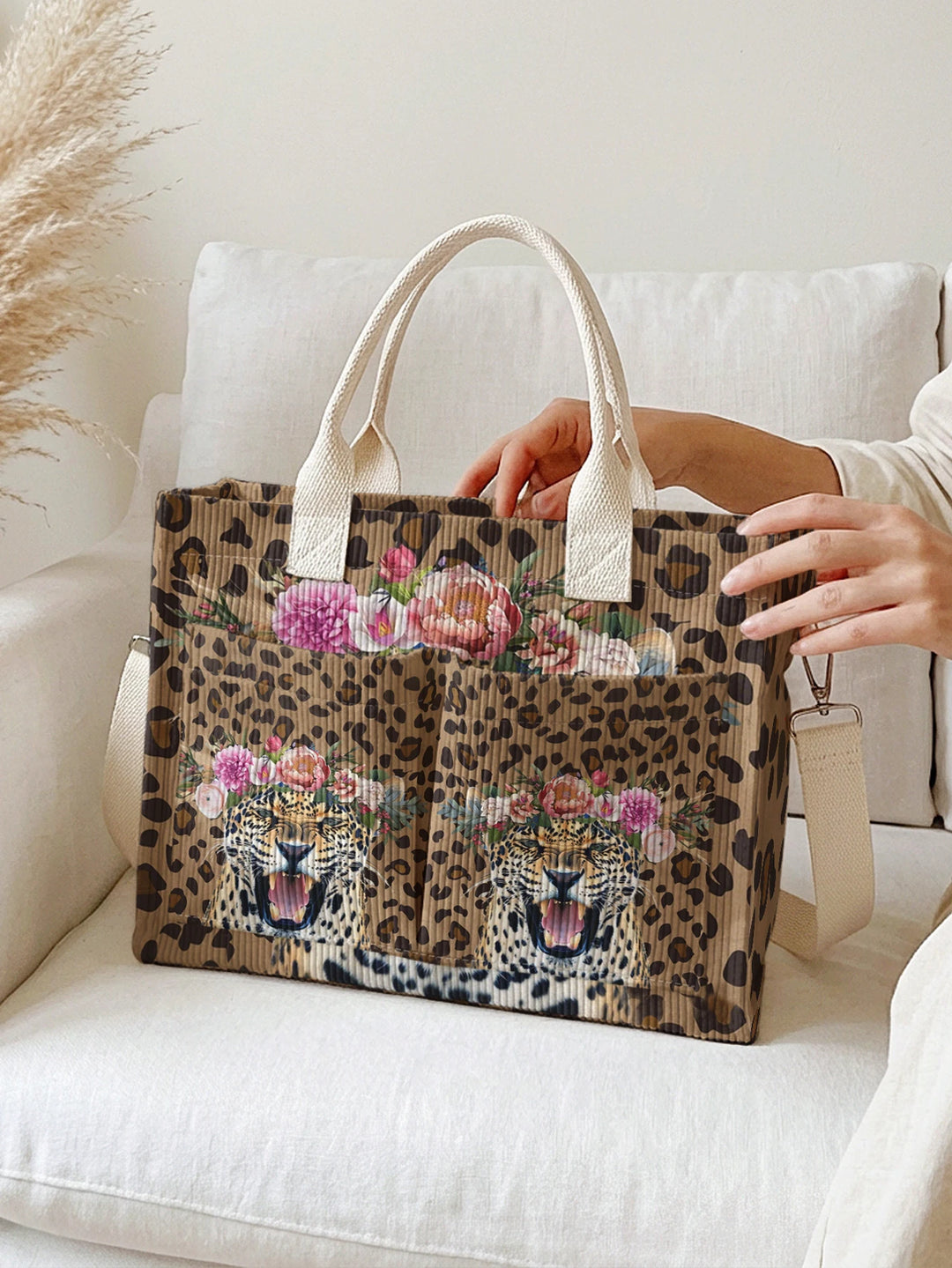 Léopard Fleuri | Sac cabas en velours côtelé