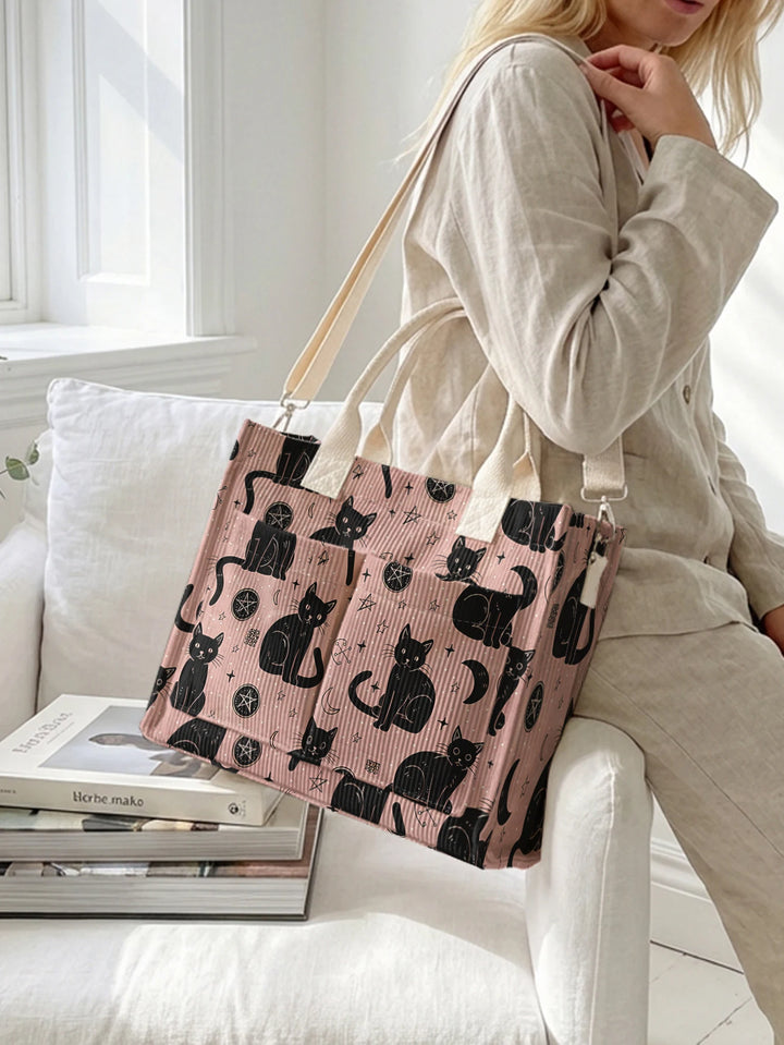 Chats Roses & Étoiles | Sac cabas en velours côtelé