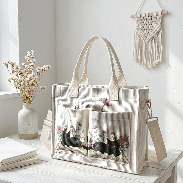 Chat Lecteur | Sac cabas en velours côtelé