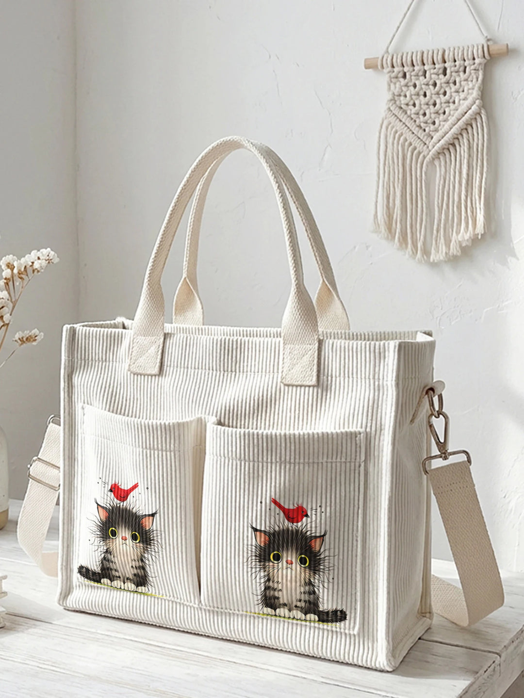 Chaton & Rouge-Gorge | Sac cabas en velours côtelé