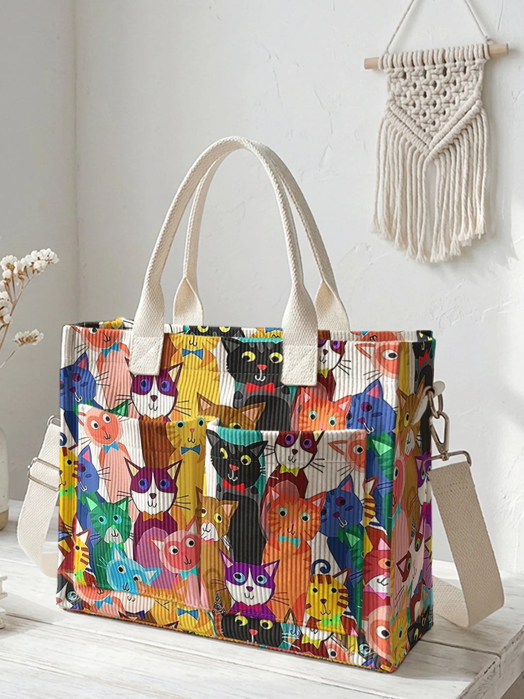 Chats Multicolores | Sac cabas en velours côtelé