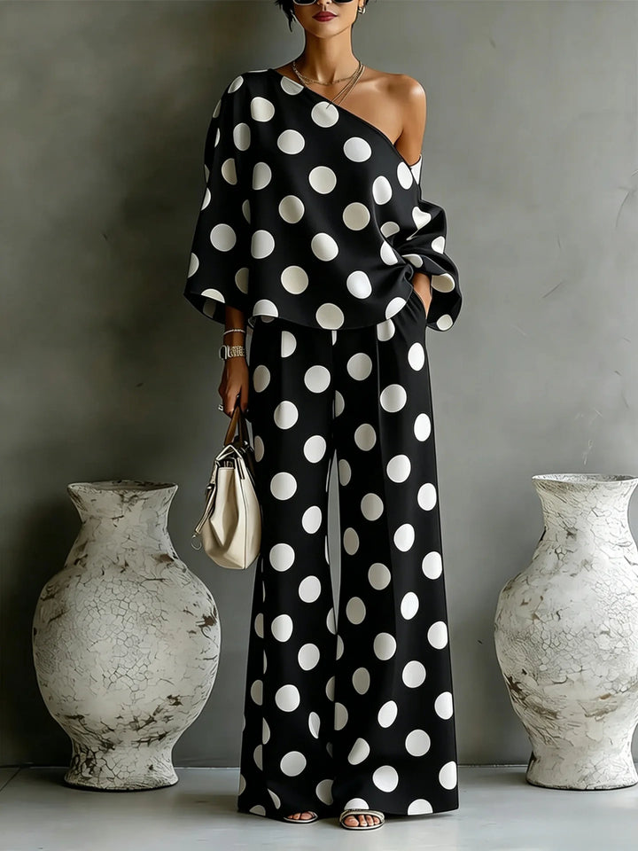 Polly | Ensemble asymétrique 2 pièces avec haut à dos ouvert + pantalon taille haute à jambes larges