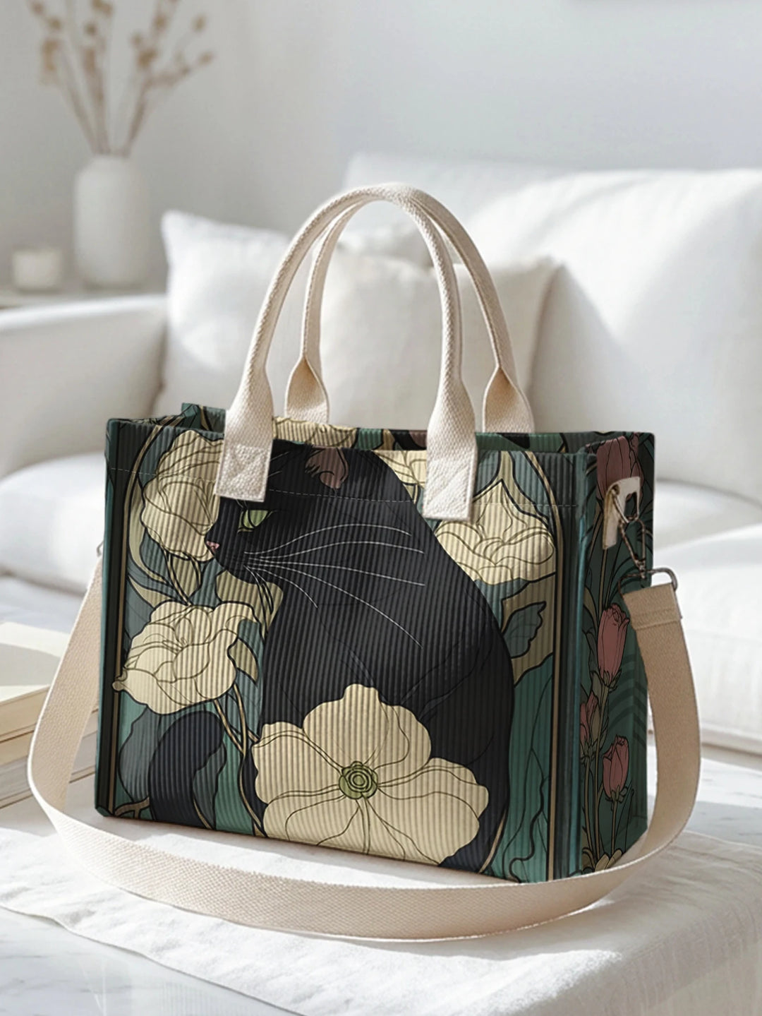 Chat Noir Fleuri | Sac cabas en velours côtelé