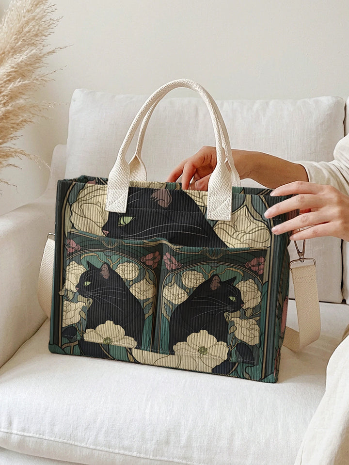 Chat Noir Fleuri | Sac cabas en velours côtelé