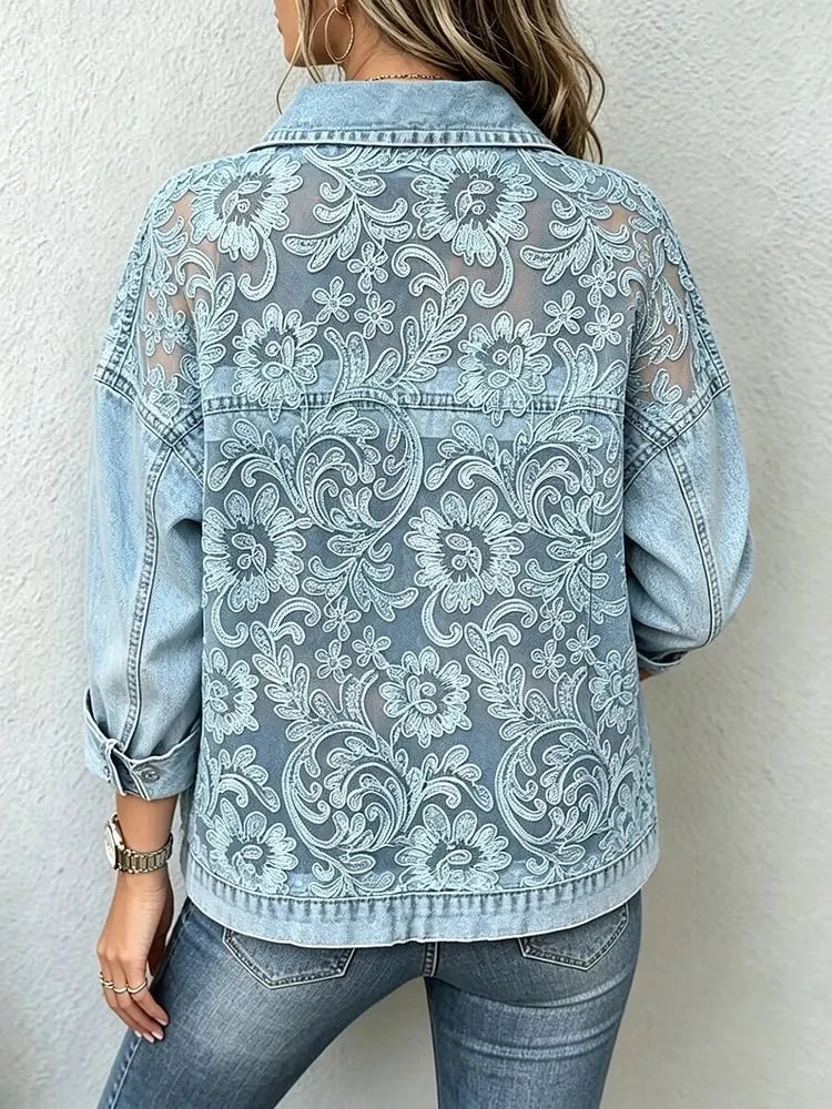 Brianne | Blouse en denim avec corps en dentelle et col inversé