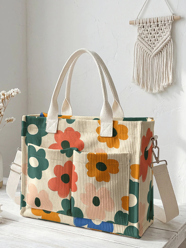Fleurs sur Beige | Sac cabas en velours côtelé