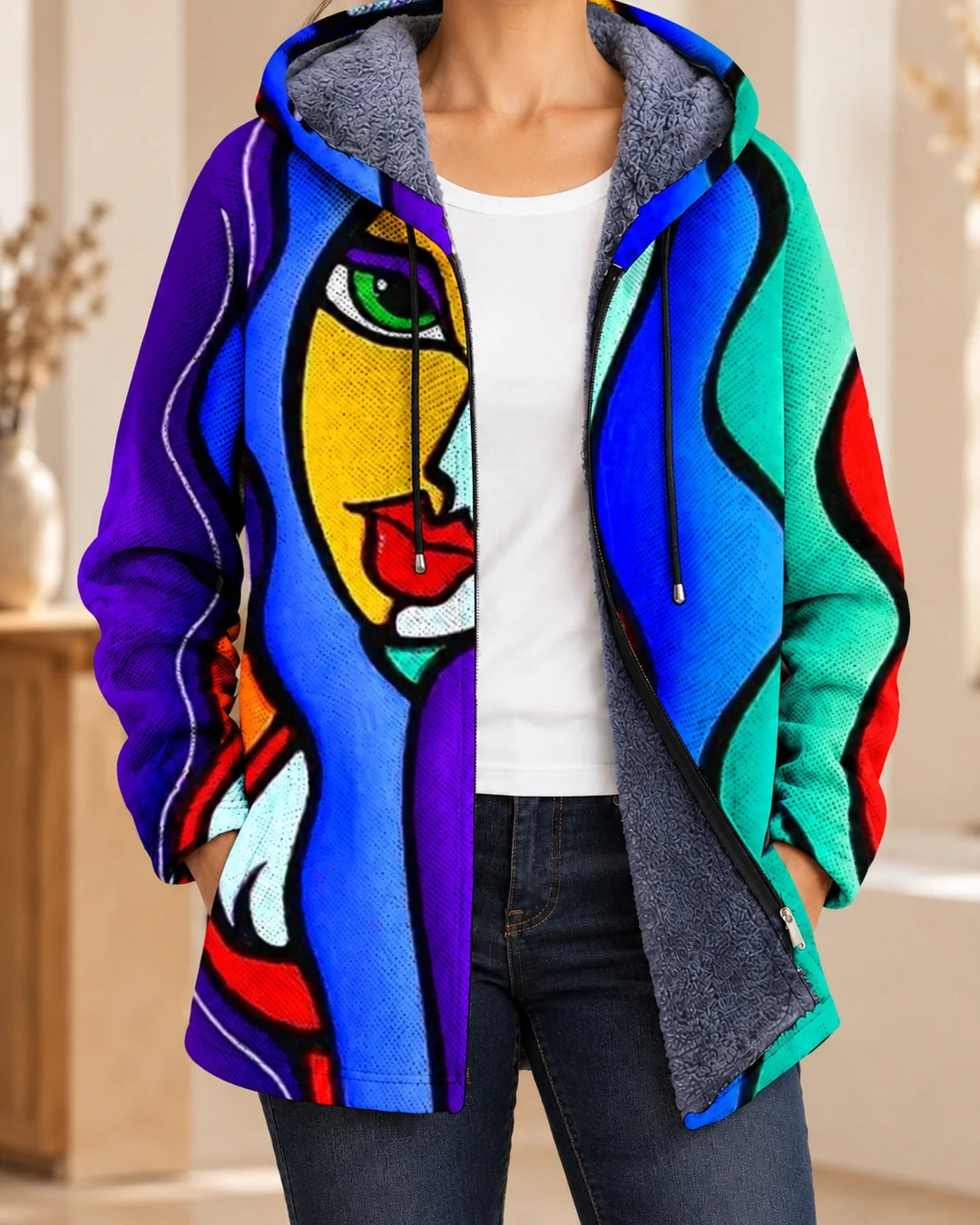 Cormac | Cardigan à capuche artistique – Imprimé Bleu – photo portée 01