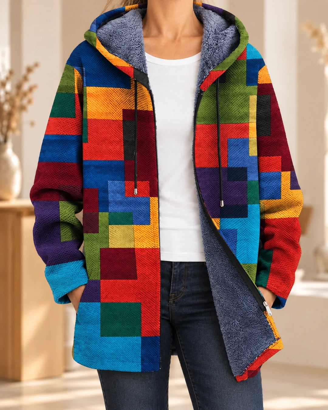 Cynthia | Cardigan à capuche artistique – Bloc Multicolore – photo portée 01