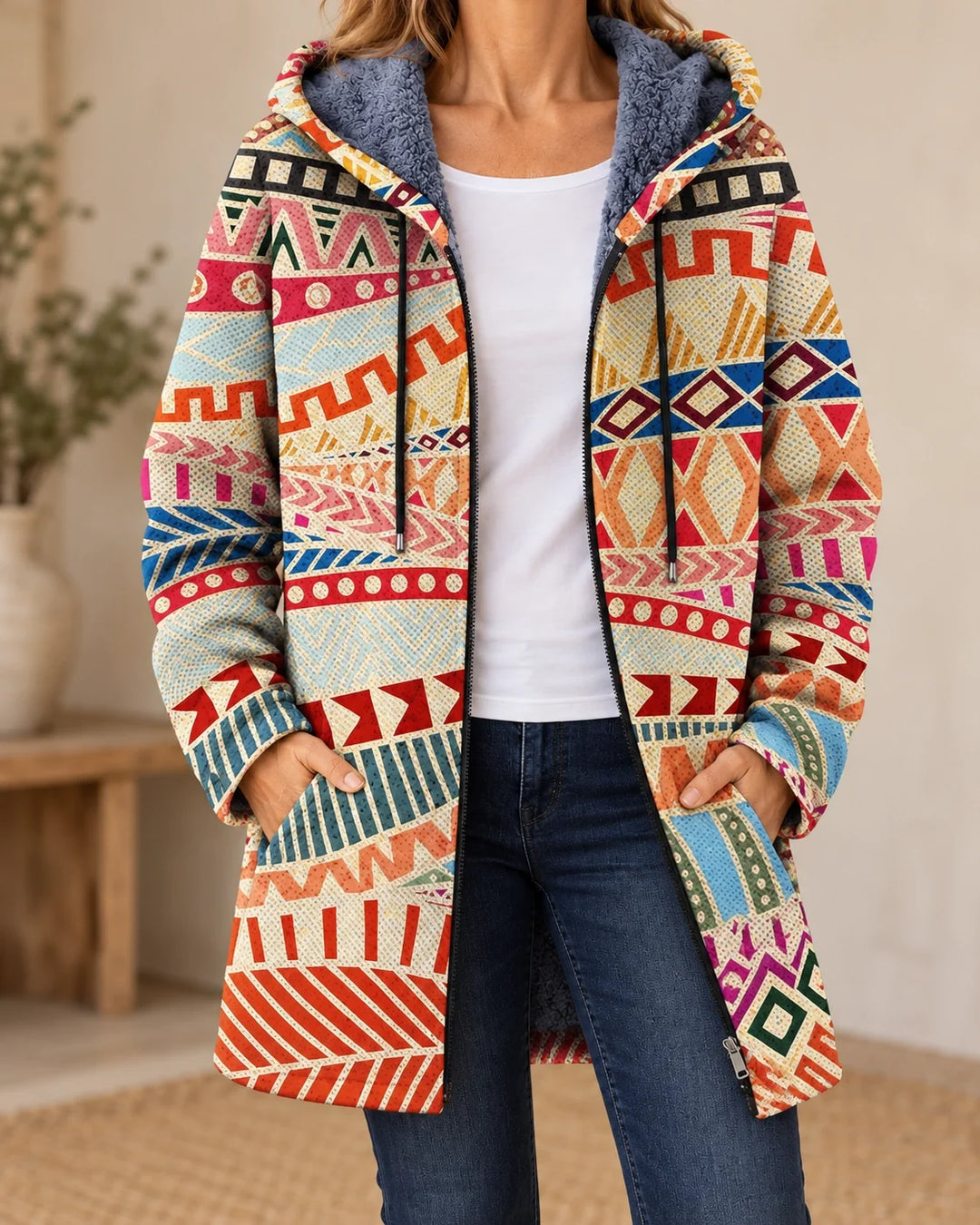 Dashiell | Cardigan à capuche artistique – Imprimé Crème & Rouge – photo portée 01