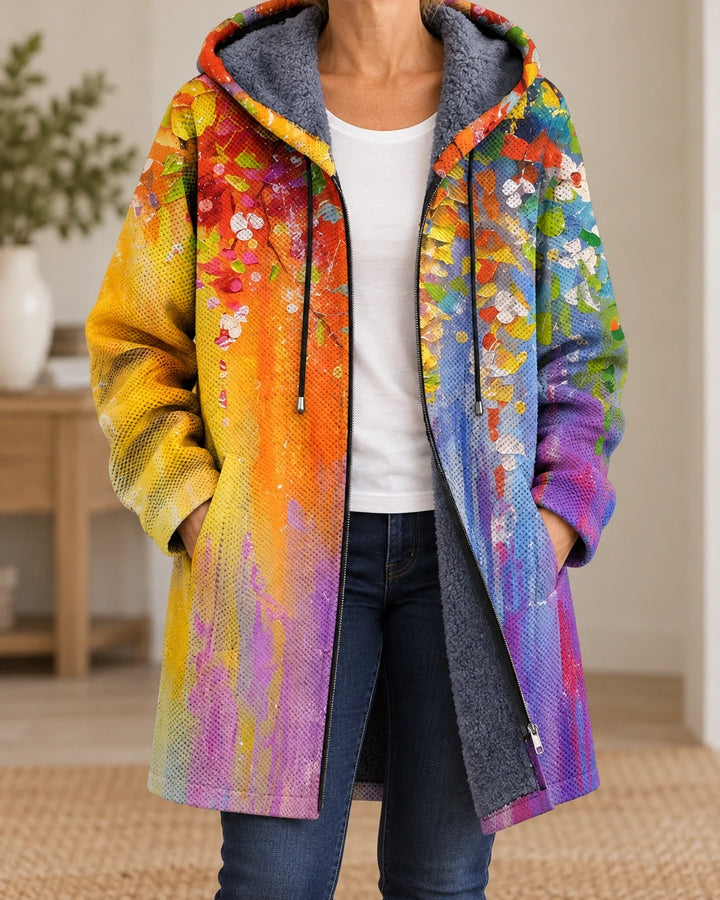 Rosalind | Cardigan à capuche artistique – Arc-en-ciel – photo portée 02