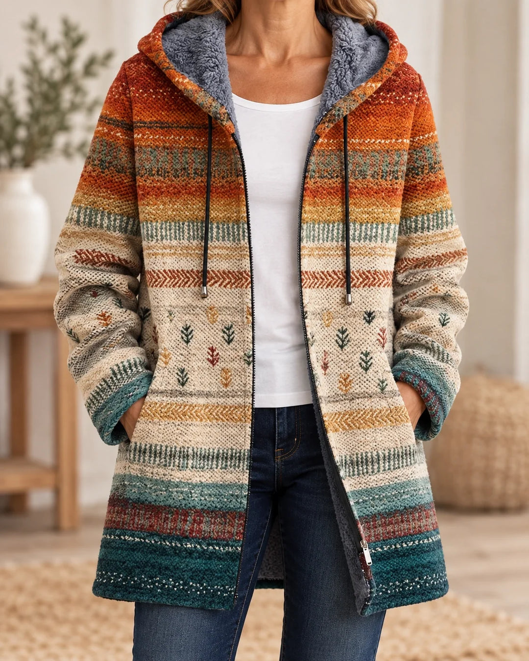 Diana | Cardigan à capuche artistique – Orange & Crème – photo portée 01