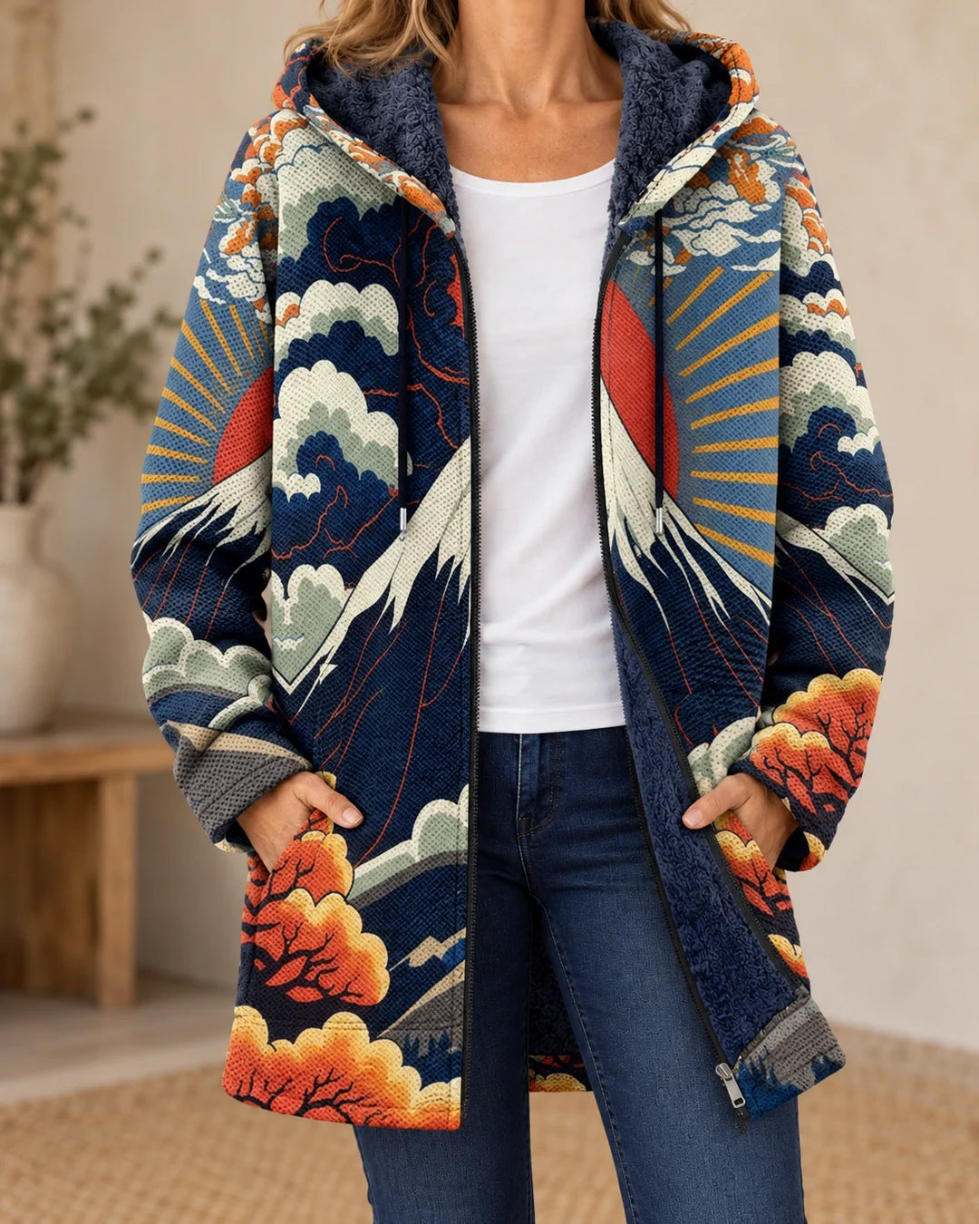 Ezra | Cardigan à capuche artistique – Imprimé Marine – photo portée 01